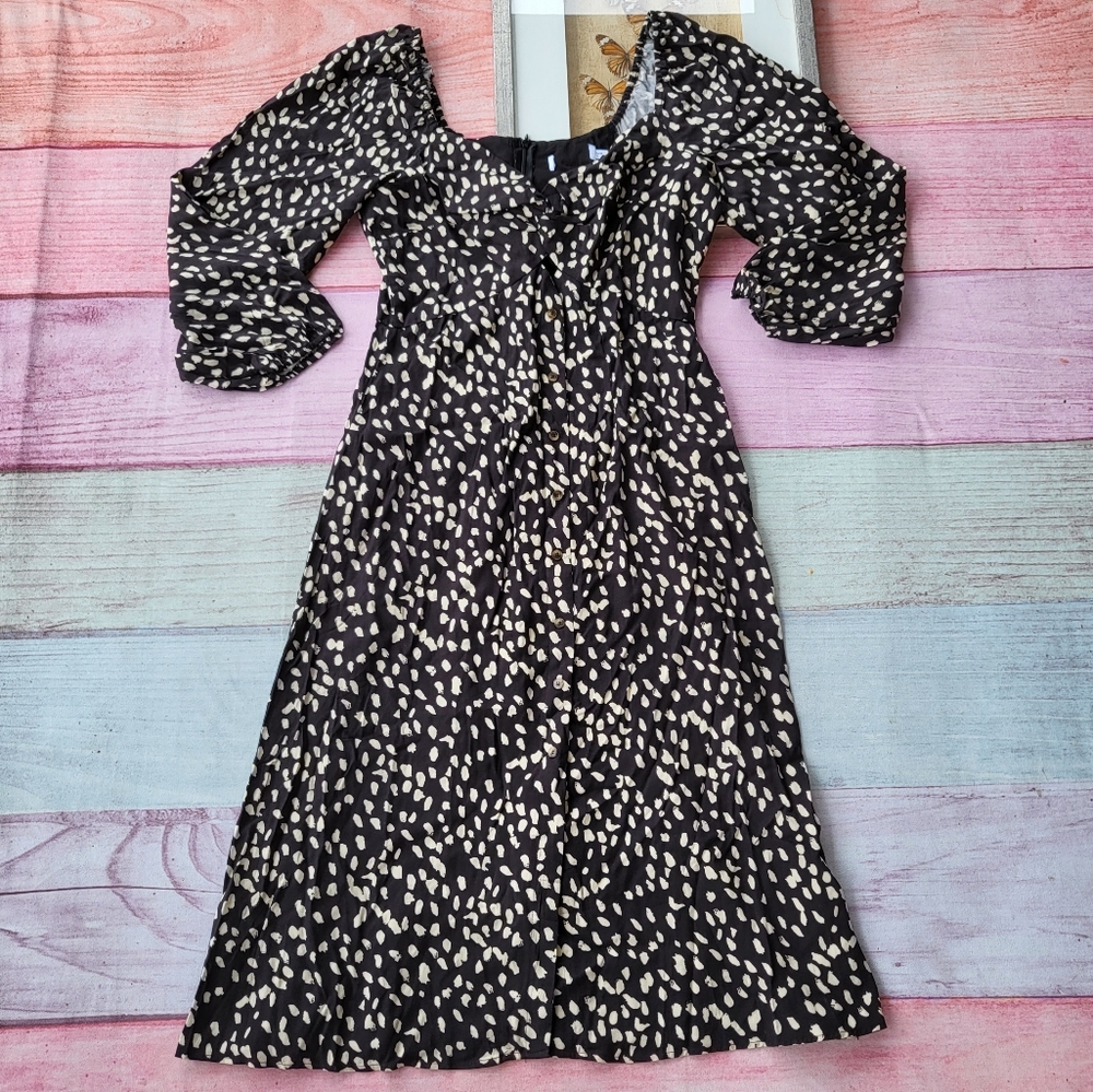 Petal & Pup Black Printed Button Front A-line Midi Dress Women’s Size 12US